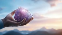 Hand holding raw amethyst crystal against sunset sky and mountains, purple gemstone reflecting light with mystical glow, spiritual wellness concept.