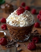 Decadent chocolate mousse topped with whipped cream and fresh raspberry in crystal dessert glass, perfect for restaurant menu or cookbook photography.