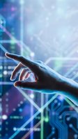 Hand touching digital interface with glowing circuit board patterns and holographic data visualization for technology, innovation, and digital transformation concepts.