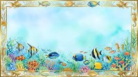 Underwater ocean scene with tropical fish, coral reef and decorative marine border frame for aquatic themed designs and educational materials.