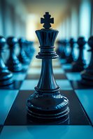 Black chess king piece standing prominently on board with blurred pieces in background, symbolizing leadership and strategic thinking in business.