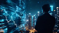 Silhouette of businessman analyzing financial market data on virtual screen with night cityscape background, digital transformation concept.