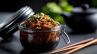 Spicy kimchi in glass jar garnished with sesame seeds, green onions and chili flakes on dark background with wooden chopsticks, traditional fermented food.