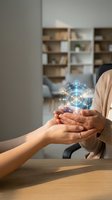 Two hands connecting with glowing digital network hologram representing technology partnership, collaboration and innovation in modern office environment.