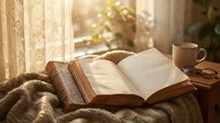 Cozy reading corner with open book, warm coffee mug and soft blanket by sunny window. Peaceful morning routine and relaxation at home concept.