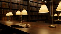 Elegant library interior with warm lighting, wooden desk, brass lamps and extensive bookshelf collection creating scholarly atmosphere for reading and research.