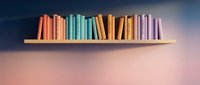 Colorful books arranged on wooden shelf against gradient background for education and learning concepts in modern interior design.