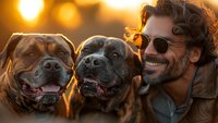 Cheerful bearded Caucasian man in sunglasses and leather jacket enjoying sunset moment with two happy Staffordshire bull terrier dogs, perfect for pet care and lifestyle advertising.