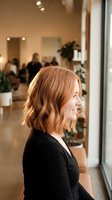 Young professional woman with wavy auburn hair in modern office space smiling in profile view wearing black blazer for business and corporate concepts.