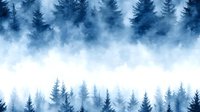 Misty pine forest silhouettes in blue watercolor technique create atmospheric mountain landscape with fog effect, seamless pattern for nature-themed designs.