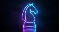 Glowing neon chess knight piece in blue and purple light against dark background for gaming and strategy concepts.