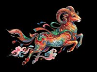 Colorful ornate ram leaping with swirling folk art patterns, isolated on transparent background. Great for t-shirt design, stickers, clipart, sublimation, print on demand.