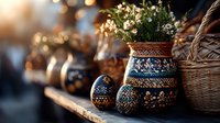Decorative ceramic vases with traditional folk patterns and white flowers on wooden shelf, warm bokeh background creates cozy rustic atmosphere.