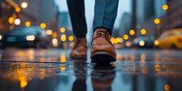Man wearing brown leather shoes walking on wet city street at dusk, with blurred bokeh lights and puddle reflections creating atmospheric urban scene.