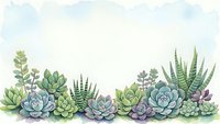 Watercolor succulent border with green and purple plants on white background for botanical design projects and natural decoration elements.