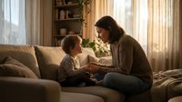 Mother and young child sharing tender moment on cozy living room sofa during golden hour light streaming through windows creating warm family bonding scene.