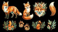 Watercolor fox illustrations set with full-body poses, head portraits, paw prints, and botanical floral elements. Isolated on transparent background, ready for t-shirt design, clipart, stickers, sublimation, and print-on-demand products.