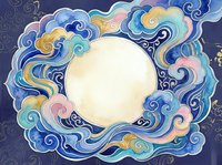 Mystical full moon surrounded by swirling colorful clouds in ornate decorative style with golden accents on dark blue background for spiritual designs.