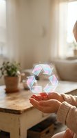 Person with medium skin tone holding a glowing holographic recycling symbol in cupped hands, seated at wooden table with potted plant and bright window light in background.