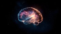 Glowing human brain with electric impulses and neural connections on dark background, depicting intelligence and consciousness in space atmosphere.