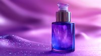 Purple glass cosmetic bottle with pump dispenser on glittery surface against flowing silk fabric background for luxury skincare and beauty product packaging.