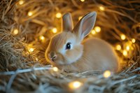 Adorable light brown baby bunny nestled in hay with glowing golden bokeh lights creating magical holiday atmosphere, soft focus portrait of young rabbit.