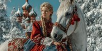 Young Slavic woman in traditional red folk costume with ornate embroidery riding white horse in snowy winter forest with Orthodox church domes in background.