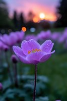 Purple anemone flower with morning dew drops against sunrise sky background, soft bokeh effect creates dreamy atmosphere in garden setting.