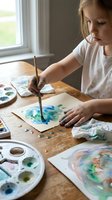 Young Caucasian girl painting watercolor artwork at wooden table by window with natural light, creative art supplies and colorful paintings scattered around.