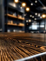 Empty wooden table with distinctive grain pattern in dark restaurant interior, blurred bokeh lights and shelves in background, selective focus on rustic surface.