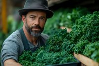 Bearded farmer in gray hat examining fresh organic kale at local farm market. Close up portrait showing sustainable agriculture and farm-to-table movement.