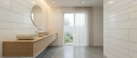 Modern minimalist bathroom interior with floating wooden vanity, round mirror, and natural light from large window creating serene spa-like atmosphere.