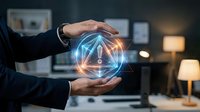 Businessman hands protecting glowing geometric network symbol in modern office environment representing digital security and data protection concepts.