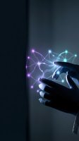 Robotic hand touching glowing network connections with purple and blue light effects on dark background for technology and AI concepts.