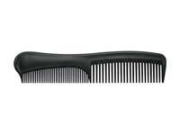 Black dual-sided hair comb with fine and wide teeth, isolated on white background. Suitable for hair care, salon, grooming, and beauty product design applications.