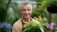 Senior male gardener with gray hair smiling while holding potted fern plant in greenhouse, wearing beige shirt and dark apron, surrounded by lush greenery and flowers.