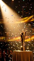 Golden trophy award on podium with colorful confetti falling and dramatic spotlight creating celebratory atmosphere for achievement recognition ceremony.
