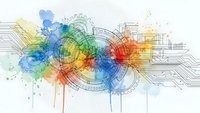 Abstract technology background with colorful watercolor splashes and digital circuit patterns for modern design projects.