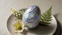 Iridescent egg with galaxy swirl design surrounded by fern leaves and white flowers on neutral plate, suitable for modern home decor and artistic still life compositions.