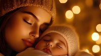 Tender moment of African American mother in knit hat gently holding sleeping newborn baby with warm bokeh lights creating cozy atmosphere for family content.