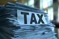 Stack of tax documents and paperwork on desk for accounting, finance, and business administration during tax season preparation.