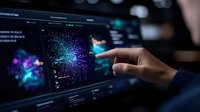 Hand touching interactive digital screen displaying colorful data visualization and analytics dashboard for business intelligence and technology applications.