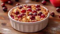 Fresh cranberry and apple crumble dessert in white ceramic ramekin topped with streusel and whole berries, served on rustic wooden table with scattered ingredients.