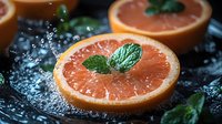 Fresh grapefruit slice with mint leaves and water drops on dark background, vibrant citrus fruit with splashing water in dramatic lighting.