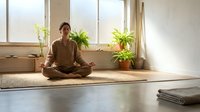 Young woman practicing meditation in lotus position on yoga mat in bright modern room with plants and natural sunlight streaming through windows.