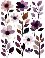Delicate floral pattern with pink and purple flowers, dark centers, and multicolored leaves on white background. Seamless repeat design for fabric and wallpaper.