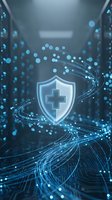 Digital healthcare security shield with medical cross symbol surrounded by flowing data streams and glowing particles in futuristic server room environment.