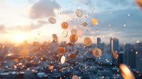 Cryptocurrency coins floating against urban sunset skyline with bokeh effects, symbolizing digital finance and future economy in modern city.