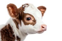 Close up portrait of brown and white spotted baby calf with big eye against white background, isolated farm animal for agricultural and dairy industry designs.