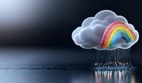 Glowing rainbow emerging from rain cloud over reflective water surface, with falling raindrops creating ripple effect in dark atmospheric setting.